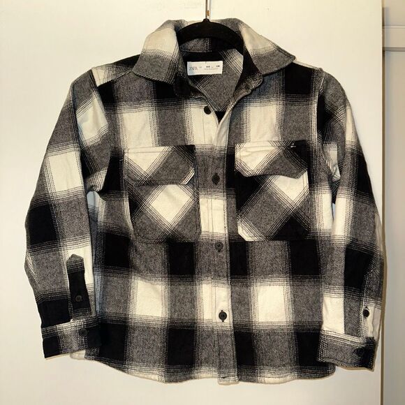 Zara Kids 8-9 Black White Plaid Flannel Button Down Shirt Long Sleeves Collared - Picture 2 of 7